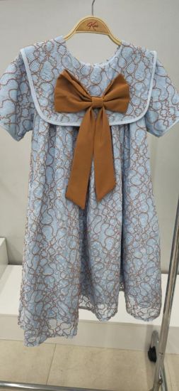 صورة فستان سماوي بفينكة كبيره على الصدر